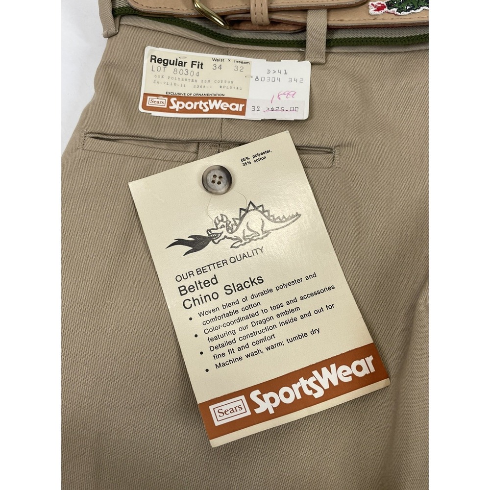 Sears Sportswear Belted Chino Slacks Vintage Mens Size 34x32 Beige NWT‎ Dragon - Picture 10 of 11